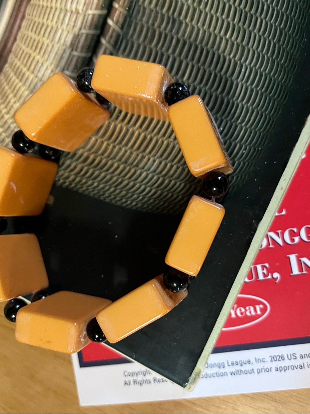 Chunky Mah Jongg tile  Rectangular Orange and Black Beaded Stretch Bracelet